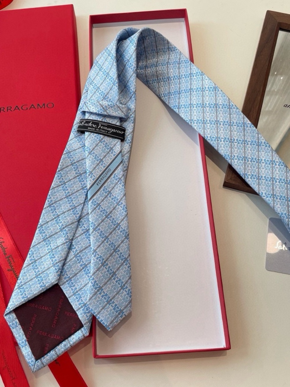 Salvatore Ferragamo Light Blue & White Geometric Silk Tie